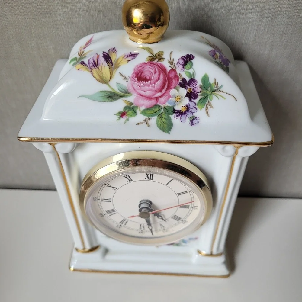 Vintage Porcelain Mantel Clock - Floral Chintz & Gold Trim - Tested & Working